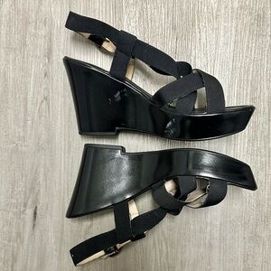 BROWNS Black Leather & Elastic Strappy Wedge Sandals 38